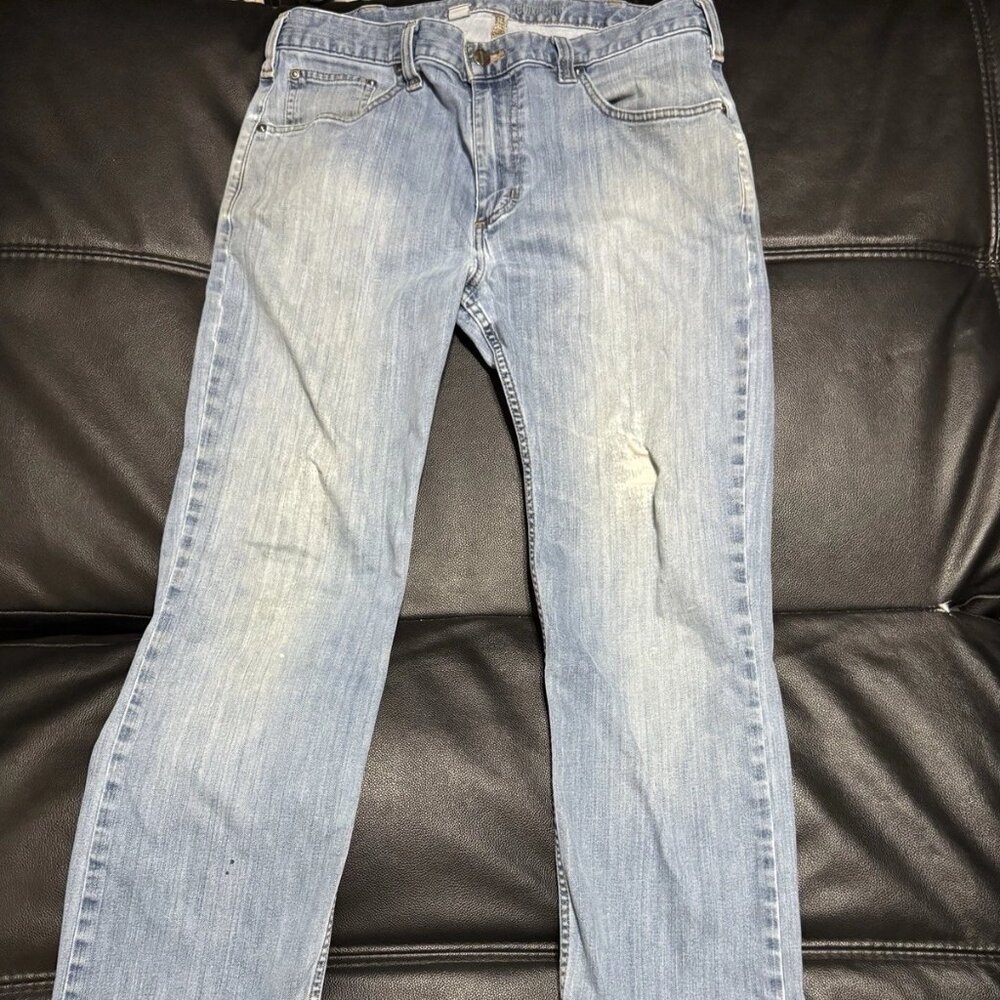 Carhartt Men’s Relaxed Fit Jeans Light Wash Denim 36x34 Stained & Distressed‎
